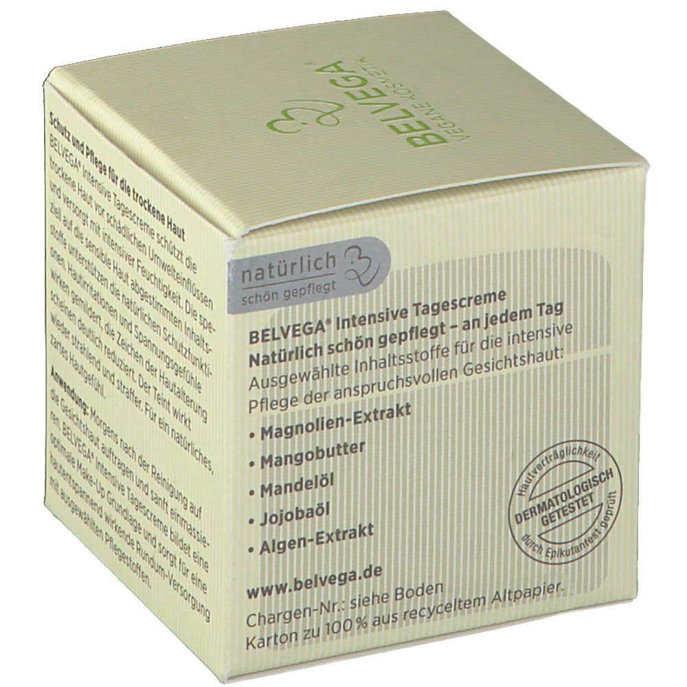 Verpackung. Aufschrift: BELVEGA® Intensive Tagescreme. Inhaltsstoffe: Magnolien-Extrakt, Mangobutter, Mandelöl, Jojobaöl, Algen-Extrakt. Siegel: dermatologisch getestet.