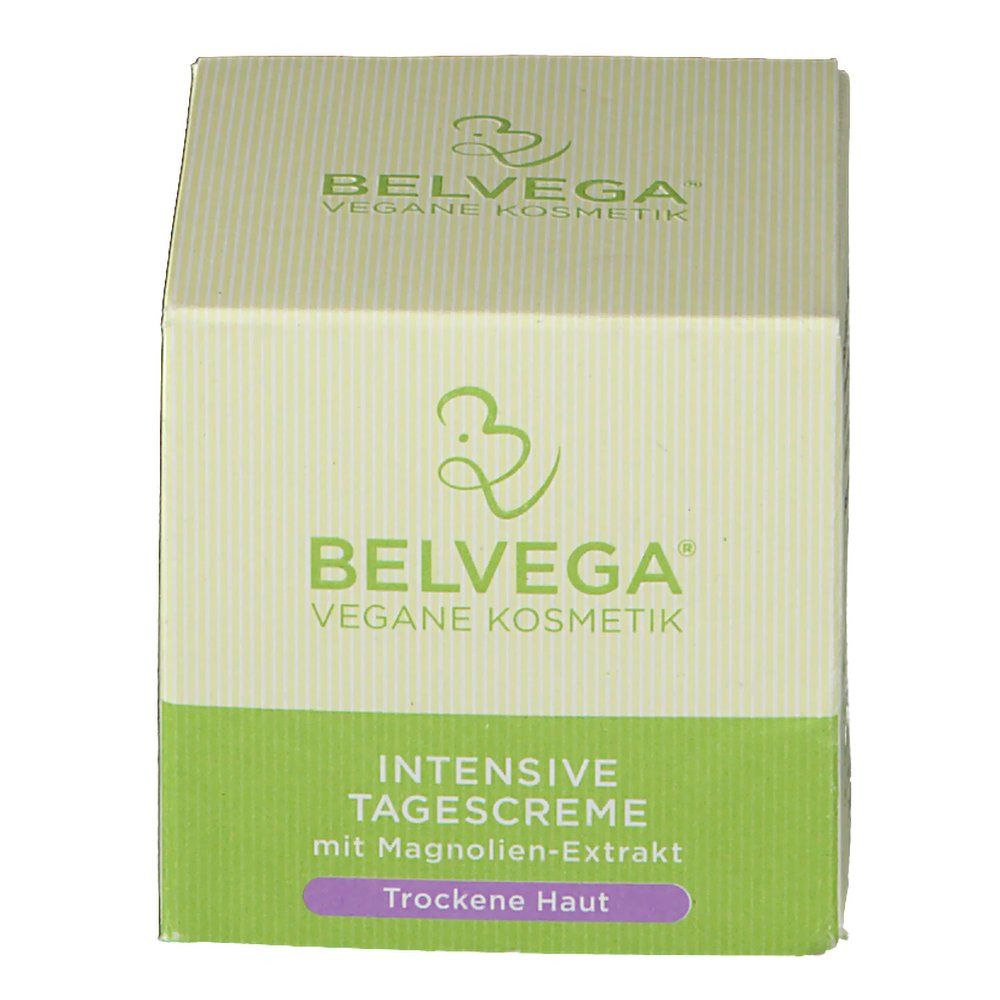 Verpackung. Aufschrift: BELVEGA® Vegane Kosmetik. Intensive Tagescreme mit Magnolien-Extrakt. Für trockene Haut.