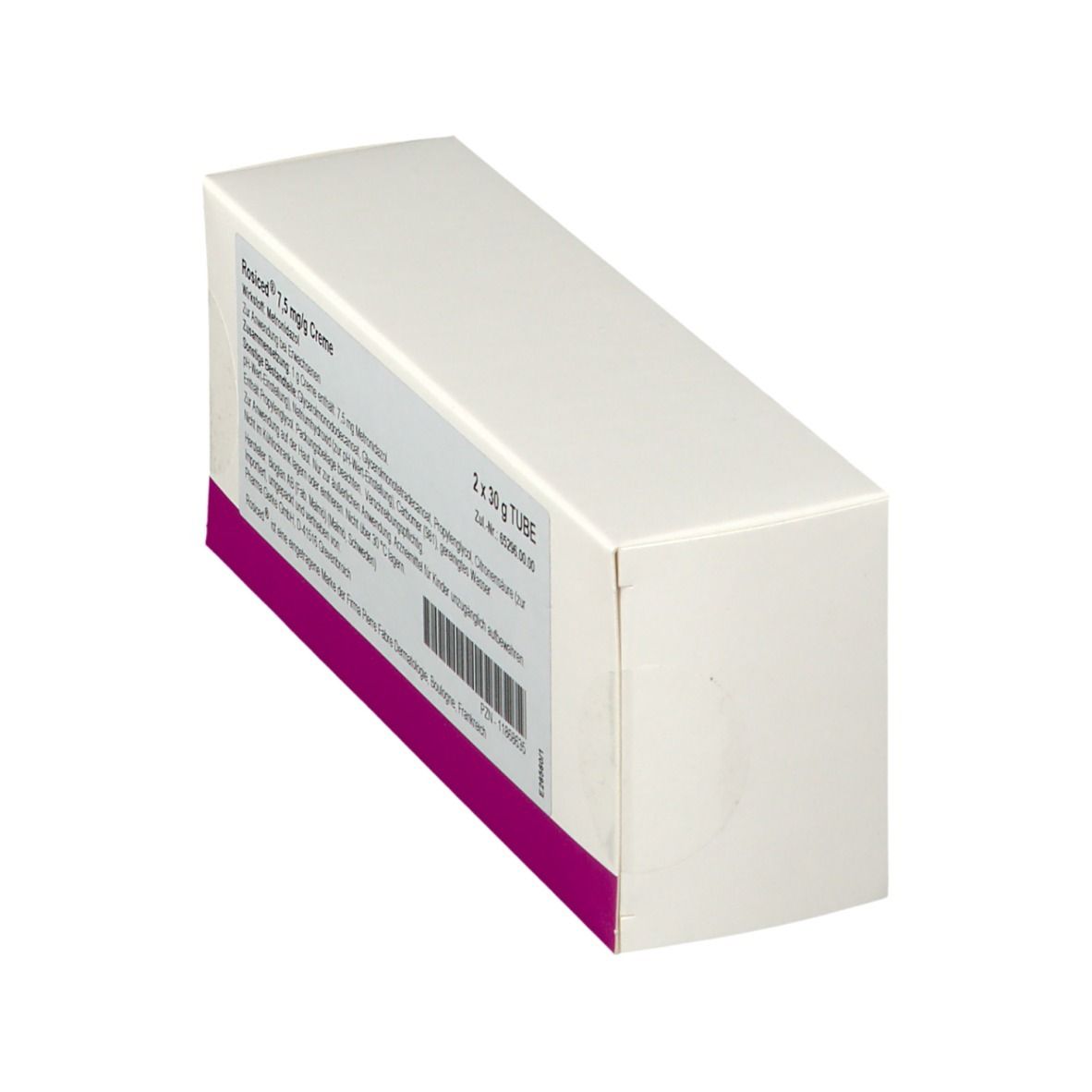 Schräg stehende weiße Faltschachtel mit Produktinformationen und lila Akzent. Aufschrift: Rosiced 7,5 mg/g Creme, 2 x 30 g Tube.