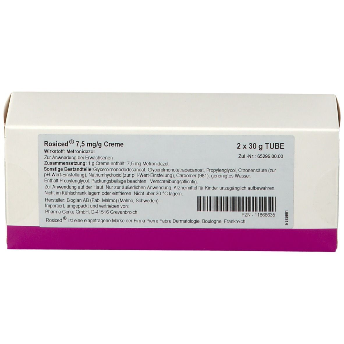 Weiße Faltschachtel mit Produktinformationen und lila Akzent. Aufschrift: Rosiced 7,5 mg/g Creme, 2 x 30 g Tube.