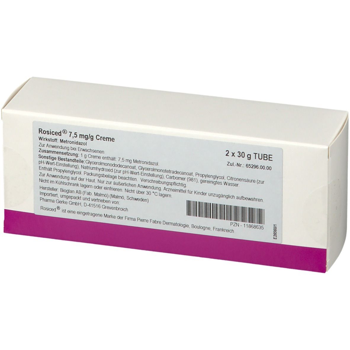 Weiße Faltschachtel mit Produktinformationen und lila Akzent. Aufschrift: Rosiced 7,5 mg/g Creme, 2 x 30 g Tube.