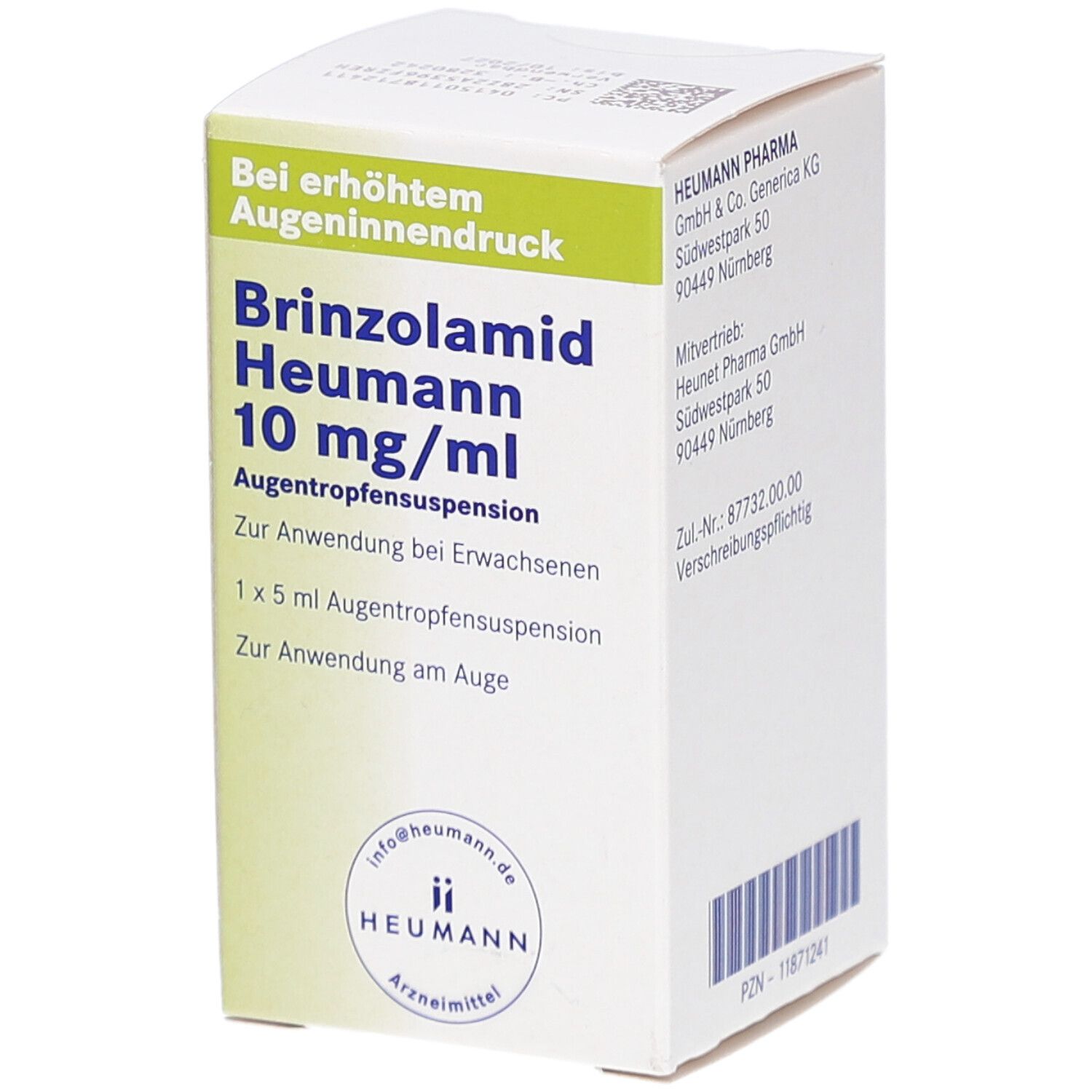 Weiße Faltschachtel mit grünen Akzenten. Aufdruck: Brinzolamid Heumann 10 mg/ml, Augentropfensuspension. Herstellerinformationen.
