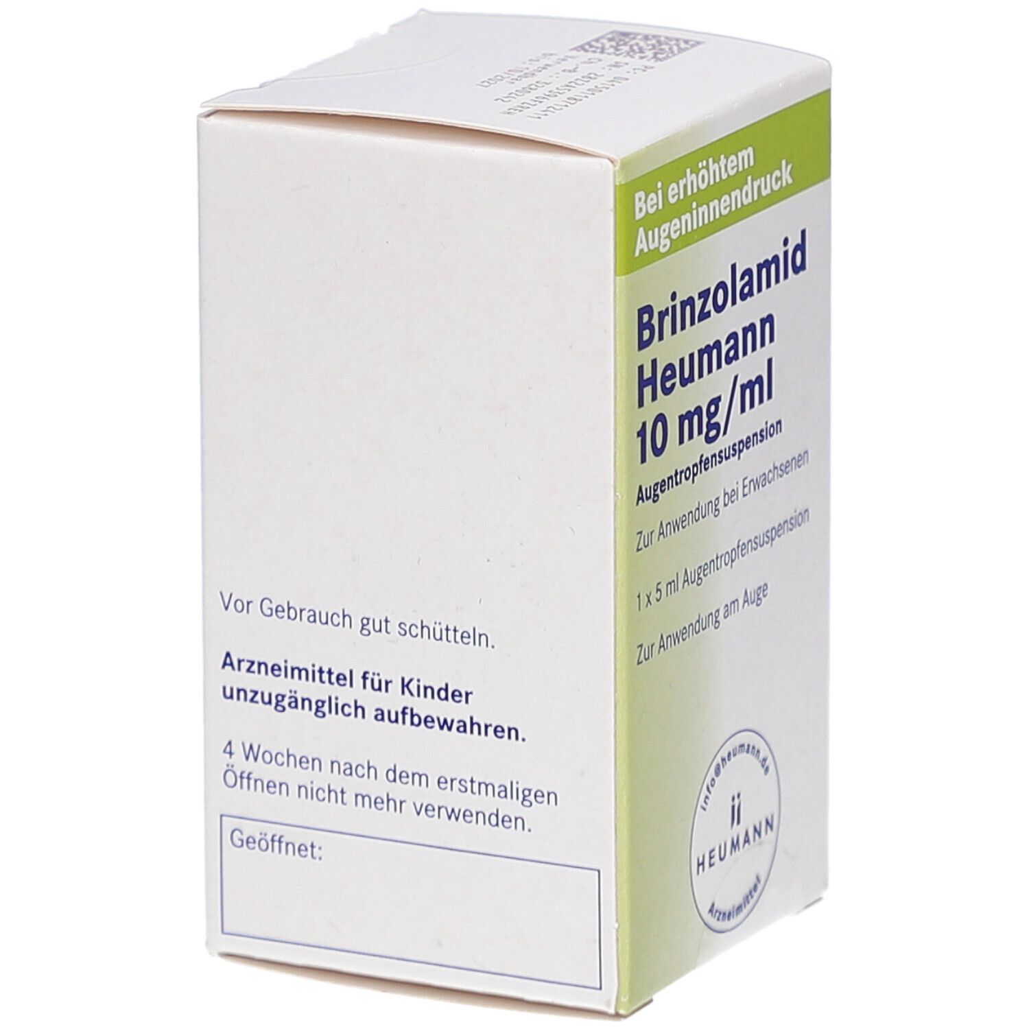 Weiße Faltschachtel, Rückseite. Text: Arzneimittel für Kinder unzugänglich aufbewahren. Haltbarkeit nach Anbruch. Geöffnet:.