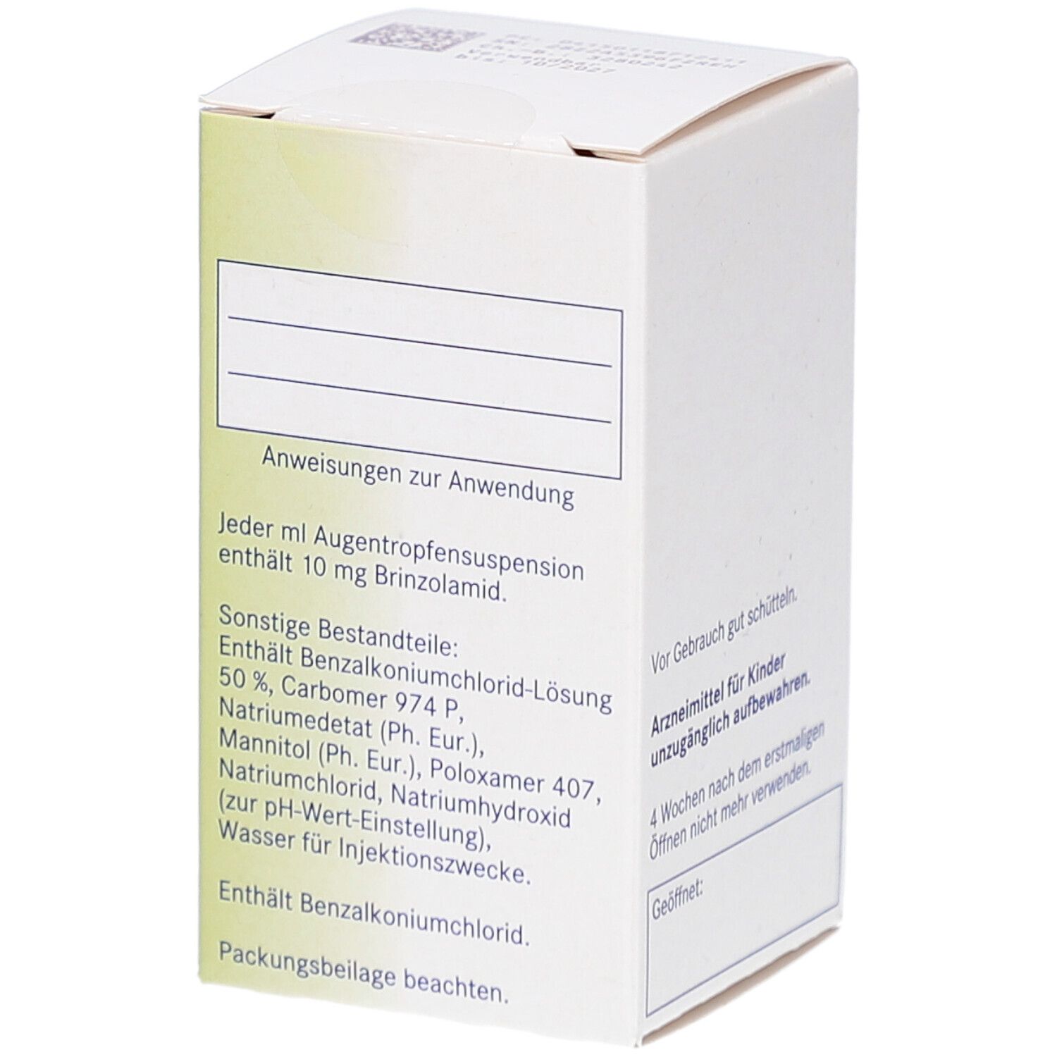 Weiße Faltschachtel, Seitenansicht. Text: Anweisungen zur Anwendung. Inhaltsstoffe. Packungsbeilage beachten.