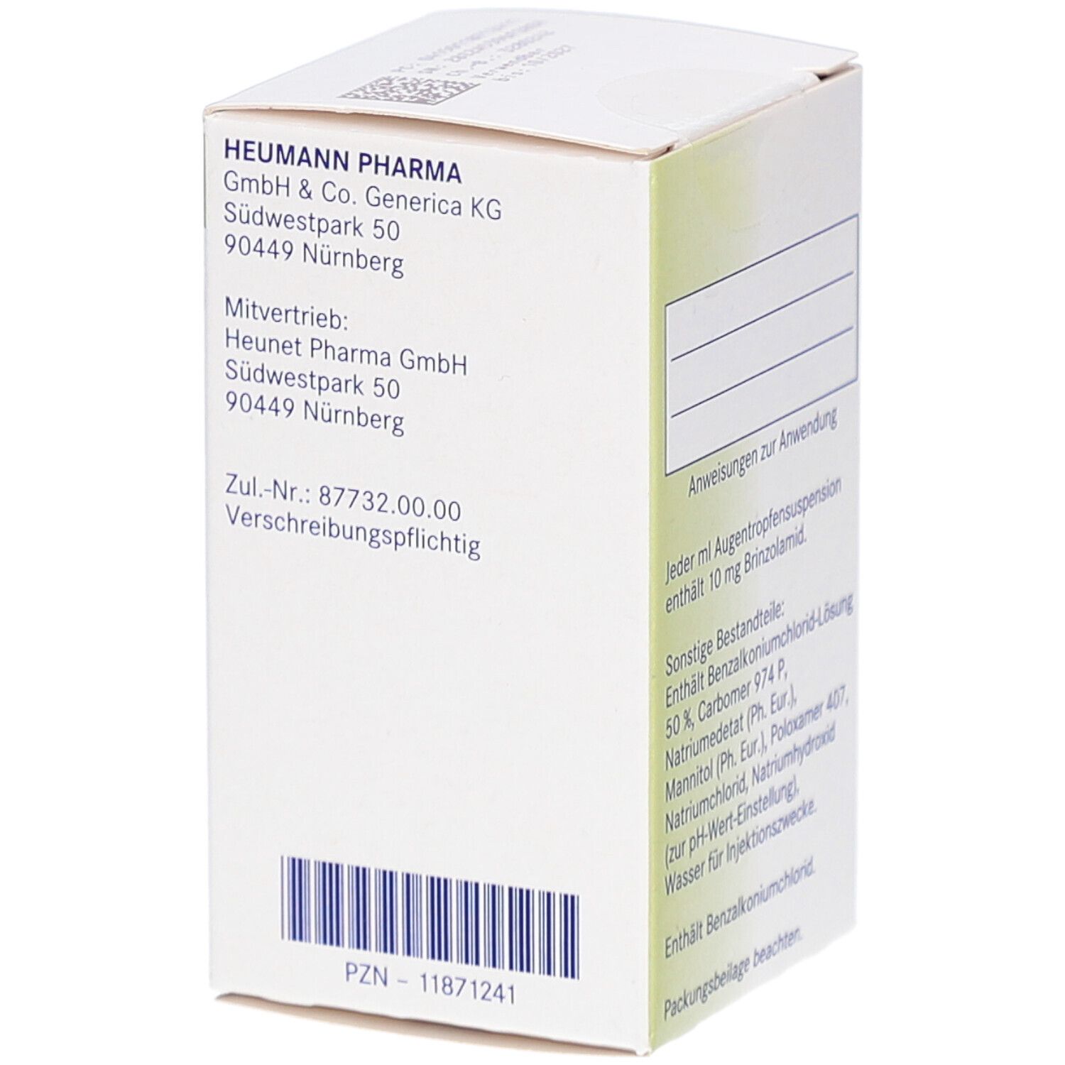 Weiße Faltschachtel, Rückseite. Herstellerinformationen, Barcode und PZN-Nummer.