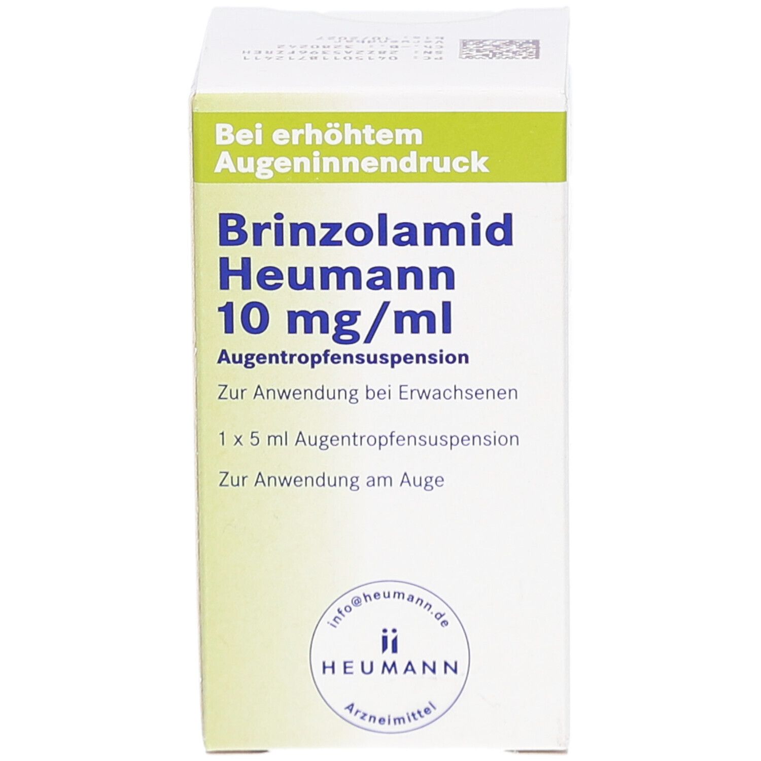 Weiße Faltschachtel mit grünen Akzenten. Aufdruck: Brinzolamid Heumann 10 mg/ml, Augentropfensuspension. Herstellerlogo.