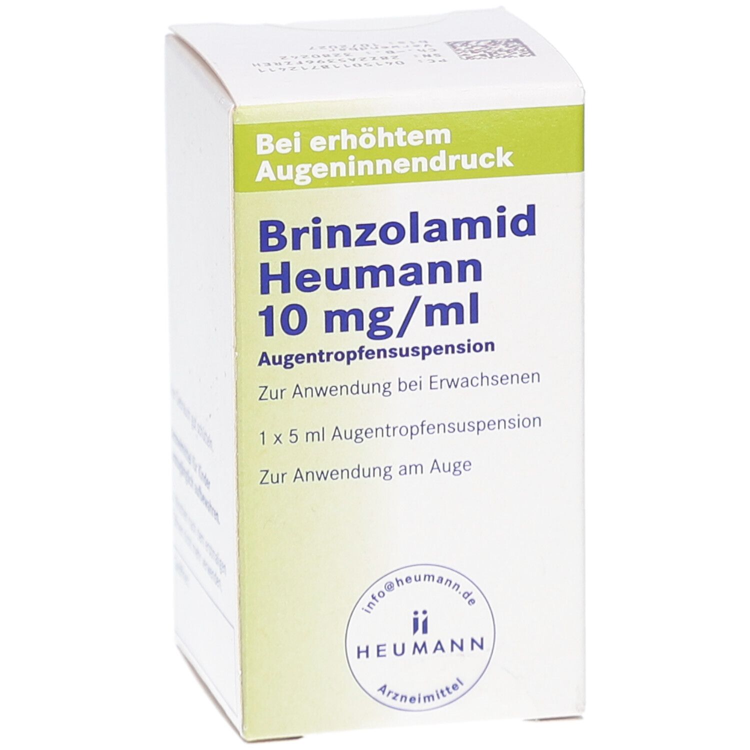 Weiße Faltschachtel mit grünen Akzenten. Aufdruck: Brinzolamid Heumann 10 mg/ml, Augentropfensuspension.