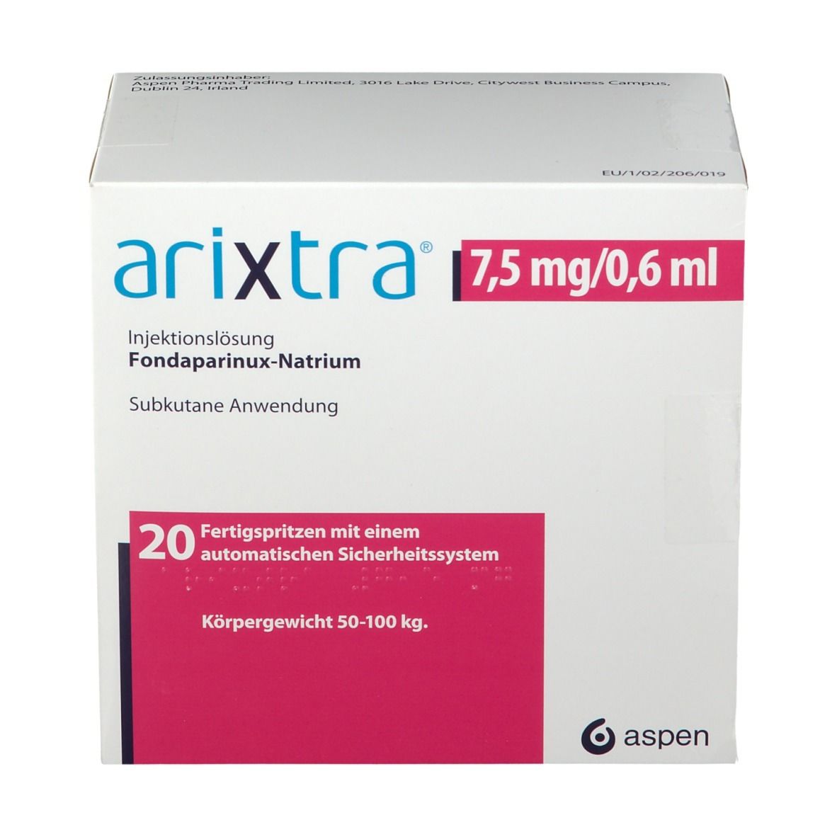 Weiße Kartonverpackung mit Produktinformationen. Aufschrift: arixtra 7,5 mg/0,6 ml. Enthält 20 Fertigspritzen. Hersteller: Aspen.