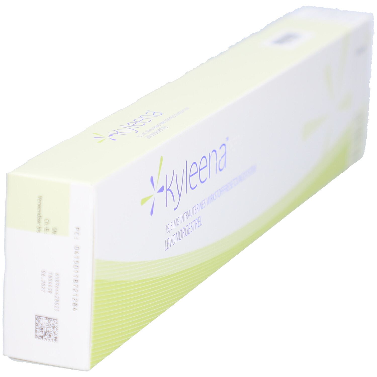 Schachtel, schräg von oben. Aufschrift: -Kyleena-. Produktinformationen und Herstellerlogo. Barcode und Datum.