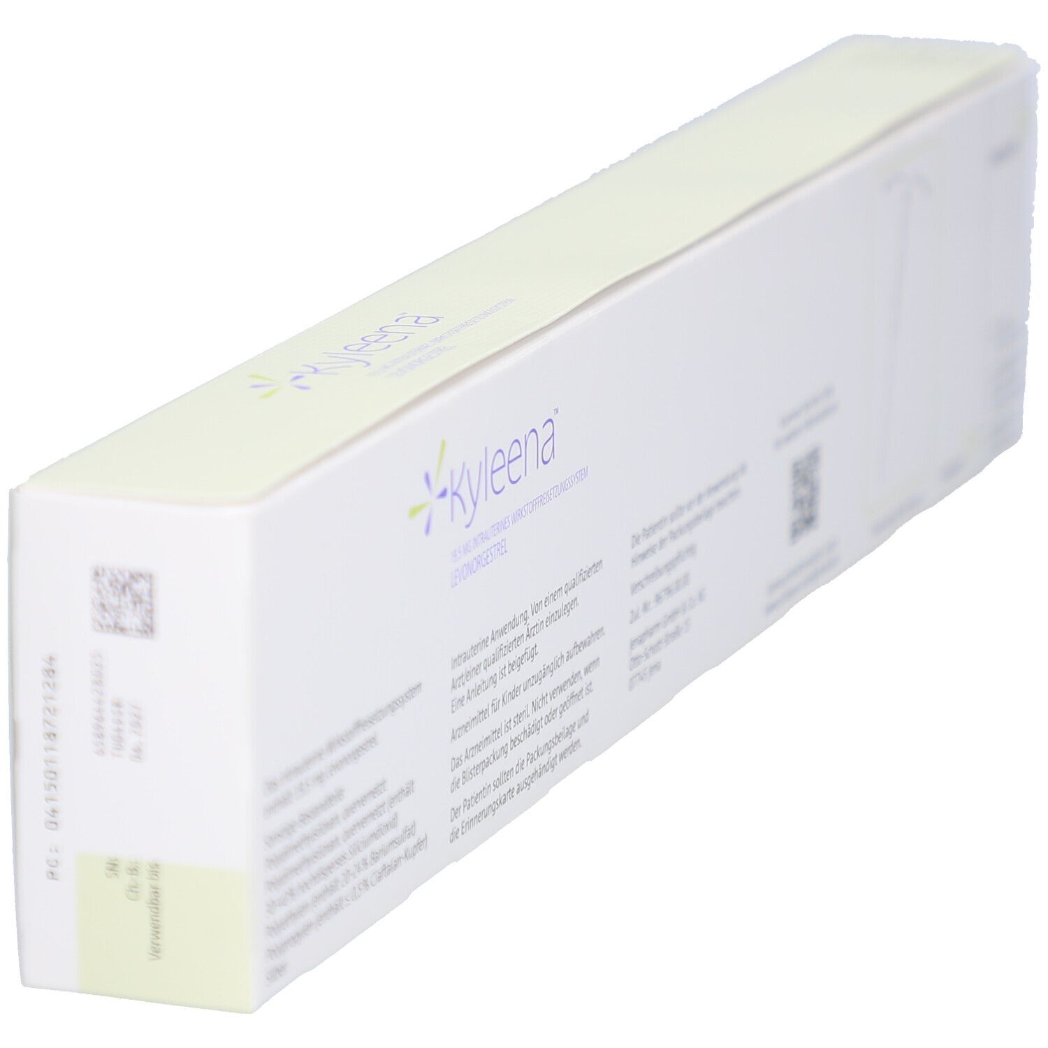 Schachtel, schräg von hinten. Aufschrift: -Kyleena-. Produktinformationen und Herstellerlogo. Barcode und Datum.