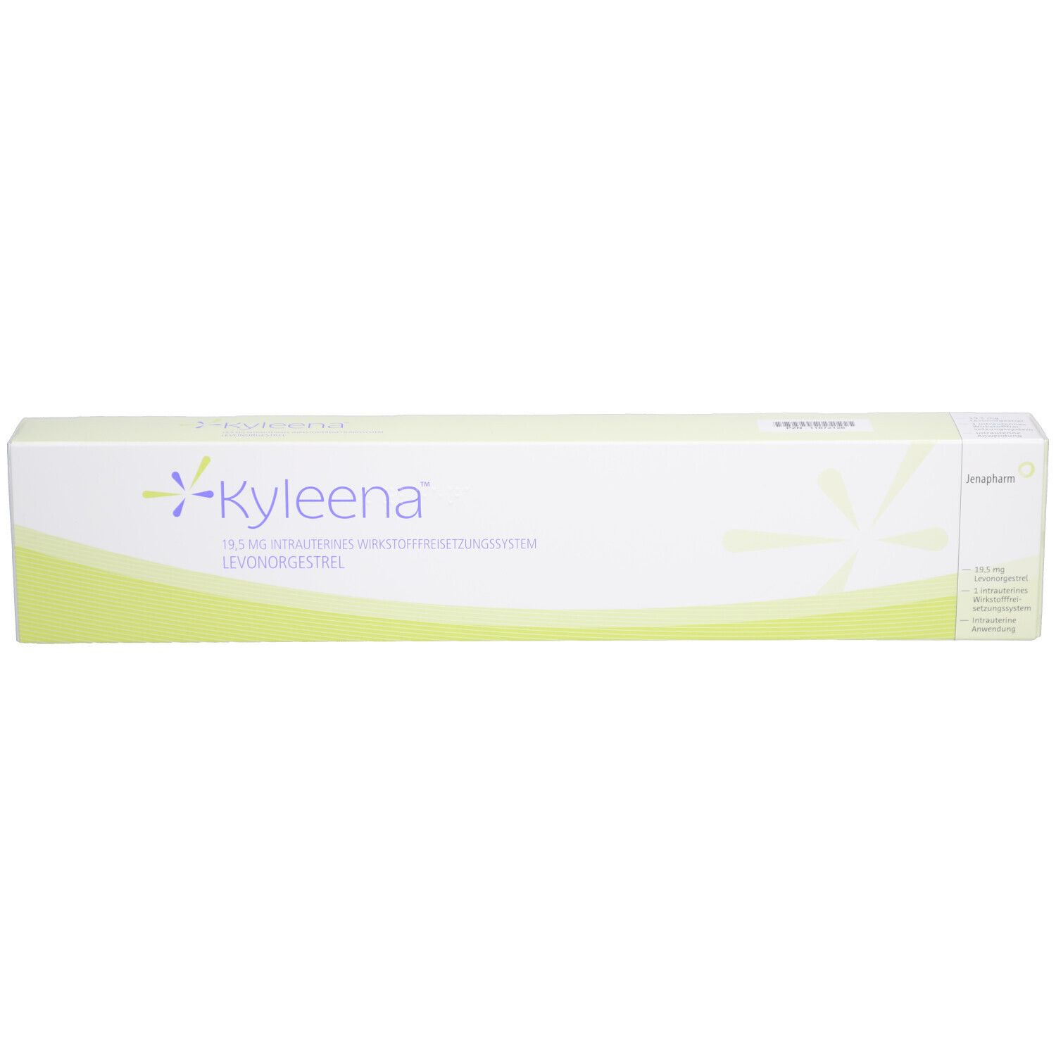 Weiße Schachtel mit grünem Streifen. Aufschrift: -Kyleena- und Produktinformationen. Herstellerlogo rechts.