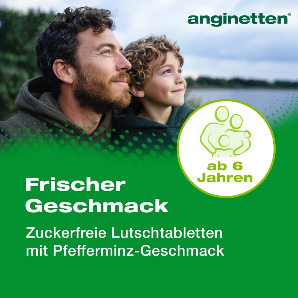 Werbung für anginetten® Stimme. Mann und Kind vor grünem Hintergrund. Text: Zuckerfreie Lutschtabletten mit Pfefferminz-Geschmack.