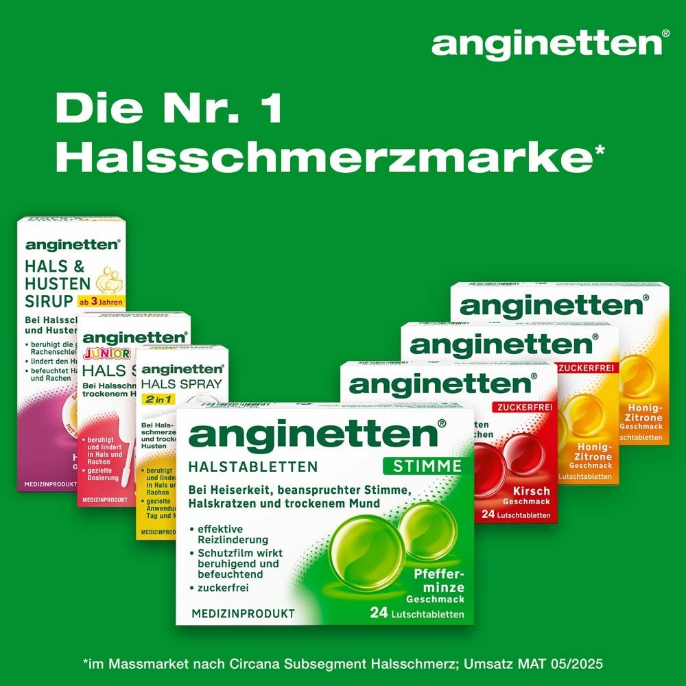 Produktübersicht von anginetten® Produkten. Mehrere Packungen. Text: Die Nr. 1 Halsschmerzmarke.