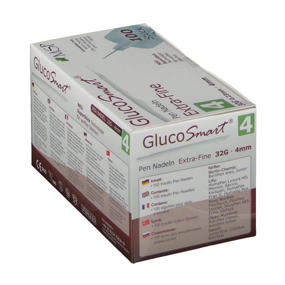 GlucoSmart Extra-Fine Pen Nadeln Verpackung. Enthält 100 Nadeln. 4 mm, 32G. Mehrsprachige Informationen und Kompatibilitätsliste.