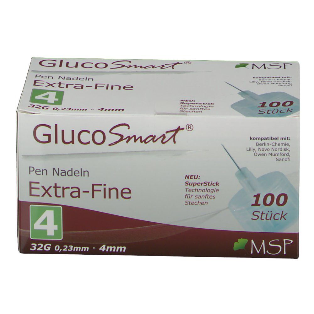 Vorderansicht der GlucoSmart Extra-Fine Pen Nadeln Verpackung. Enthält 100 Stück. 4 mm, 32G. Mit Produktinformationen.