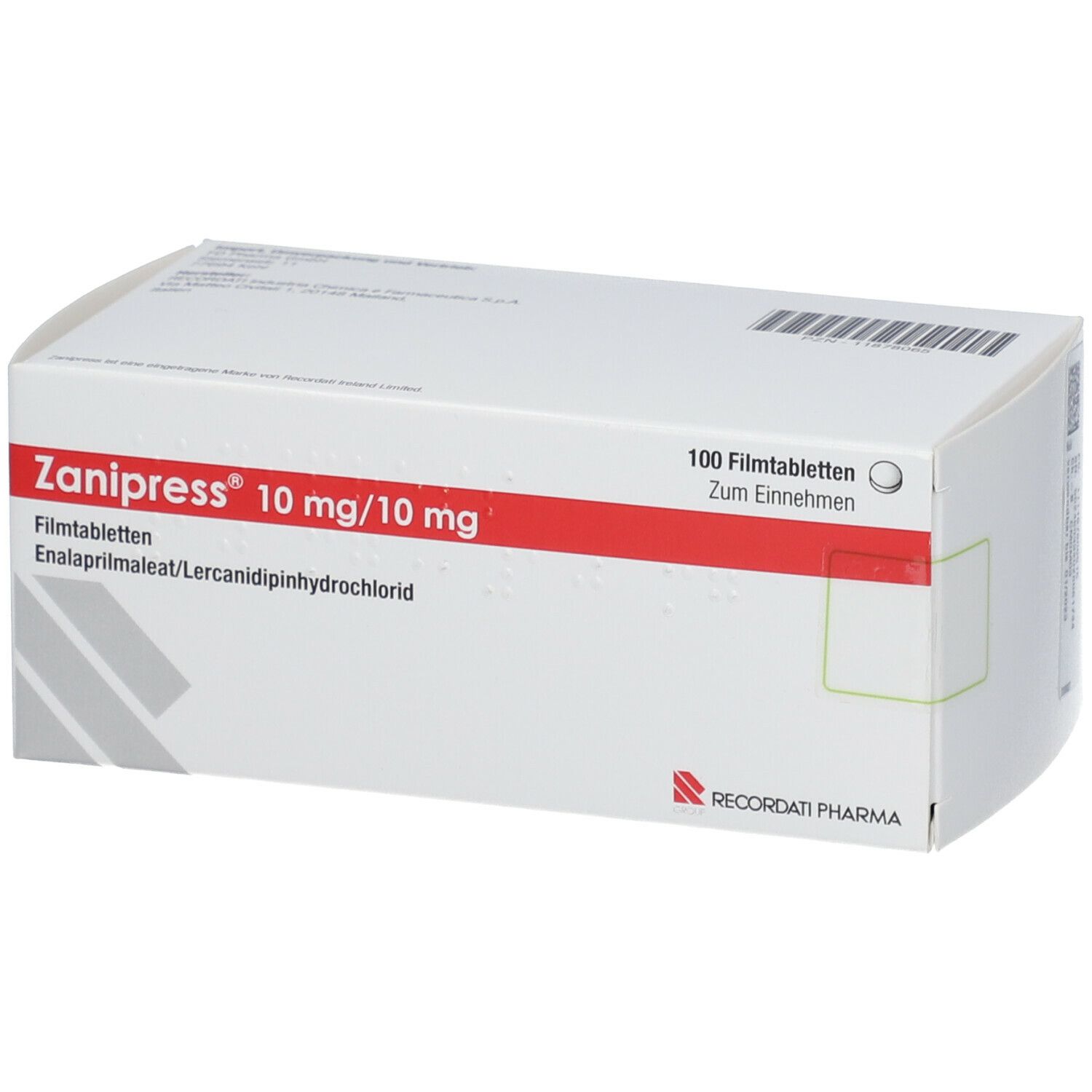 ZANIPRESS 10 mg/10 mg Filmtabletten-Packung. Enthält 100 Tabletten. Rote und weiße Verpackung. Recordati Pharma Logo.