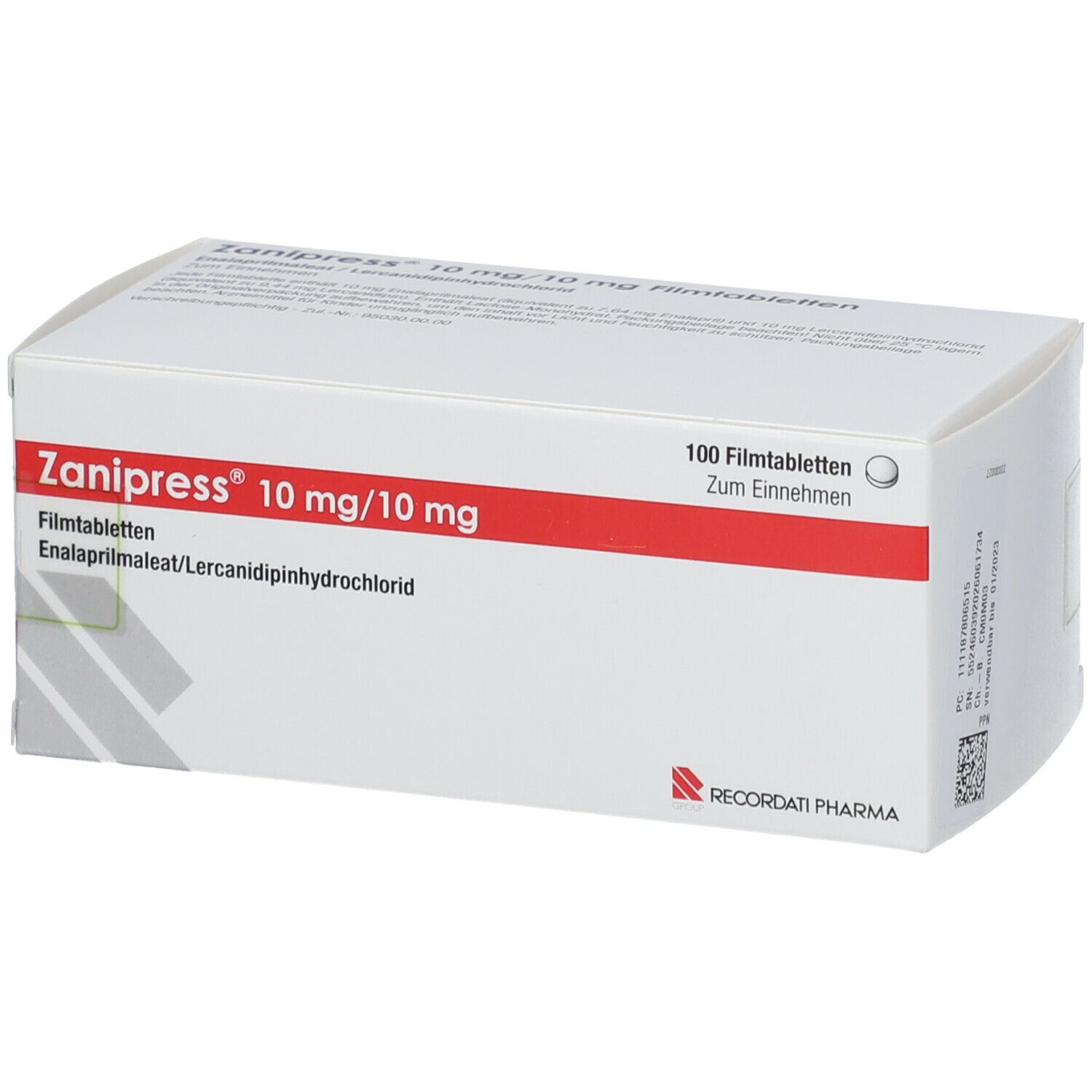 ZANIPRESS 10 mg/10 mg Filmtabletten-Packung. Enthält 100 Tabletten. Rote und weiße Verpackung. Recordati Pharma Logo.