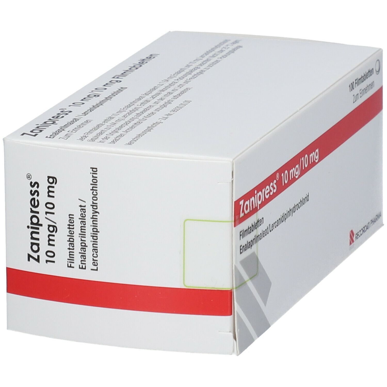 ZANIPRESS 10 mg/10 mg Filmtabletten-Packung. Rote und weiße Verpackung. Aufschrift: 10 mg/10 mg. Recordati Pharma Logo.