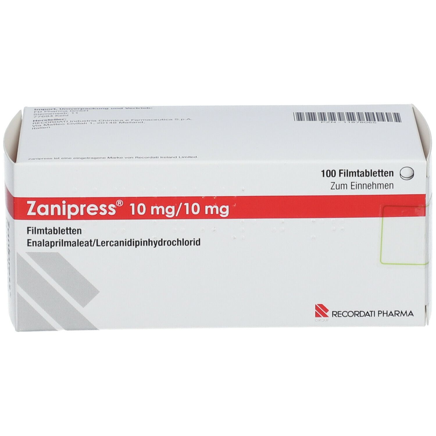ZANIPRESS 10 mg/10 mg Filmtabletten-Packung. Enthält 100 Tabletten. Rote und weiße Verpackung. Recordati Pharma Logo.