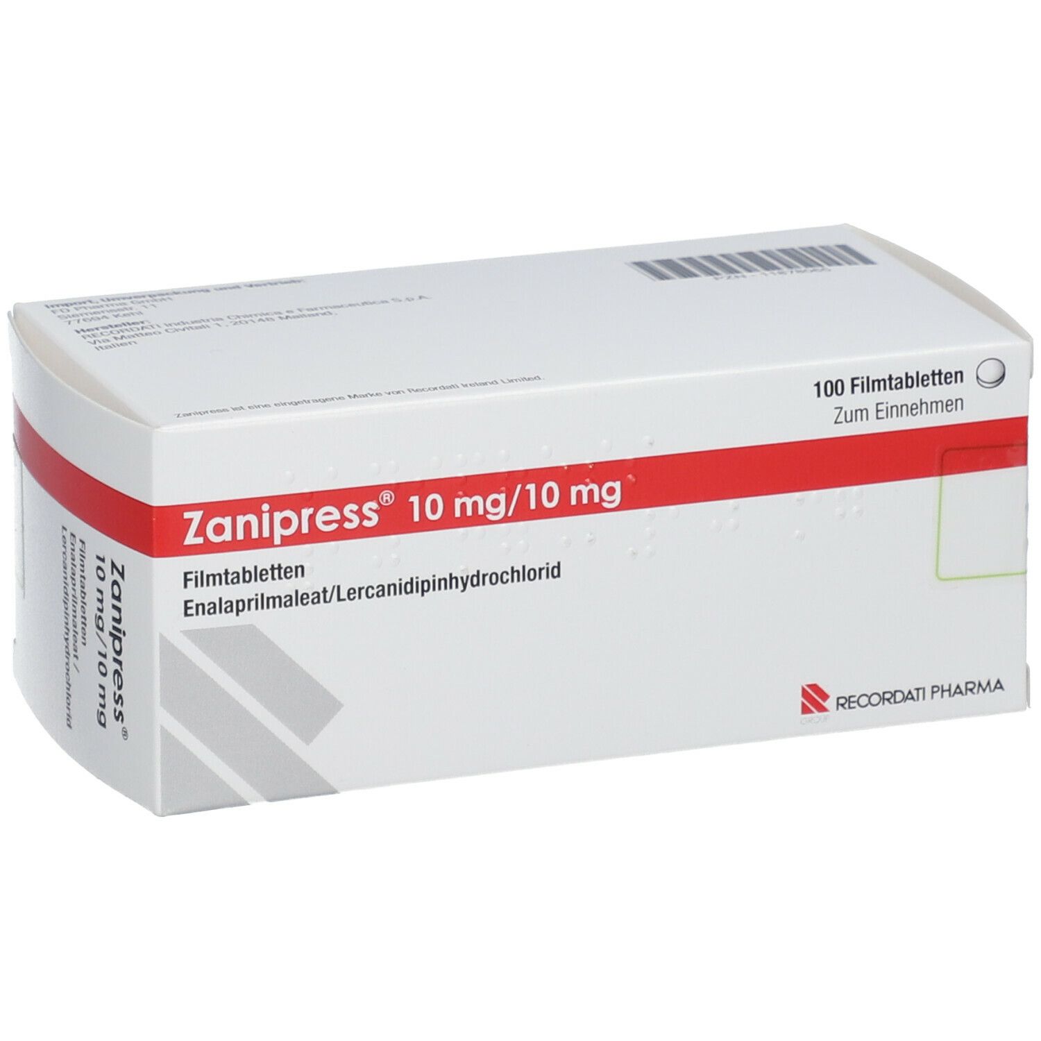 ZANIPRESS 10 mg/10 mg Filmtabletten-Packung. Enthält 100 Tabletten. Rote und weiße Verpackung. Recordati Pharma Logo.