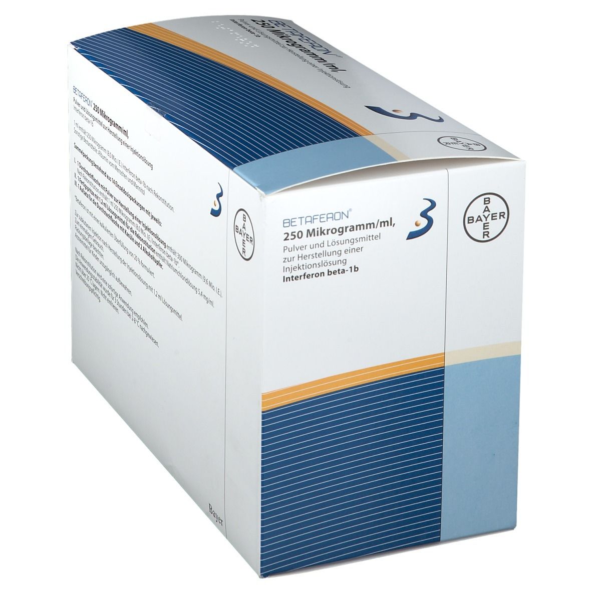 Schräg gestellter Karton mit Produktinformationen. Aufschrift: BETAFERON 250 Mikrogramm/ml. Bayer-Logo. Blaue Streifen.
