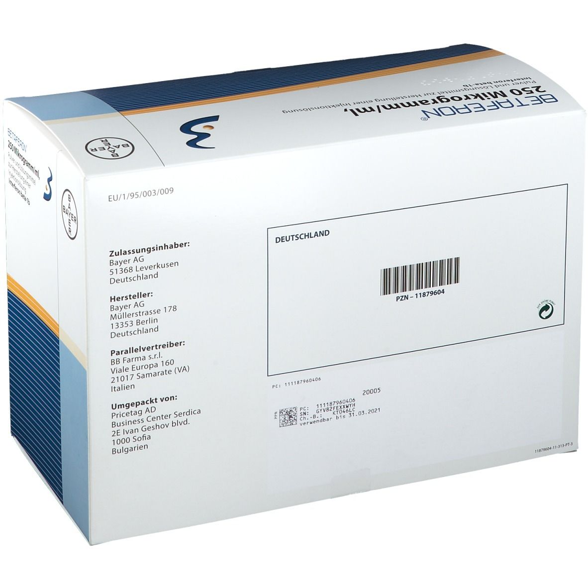 Rückseite des Kartons. Aufschrift: BETAFERON 250 Mikrogramm/ml. Barcode. Bayer-Logo. Herkunftsland: Deutschland.