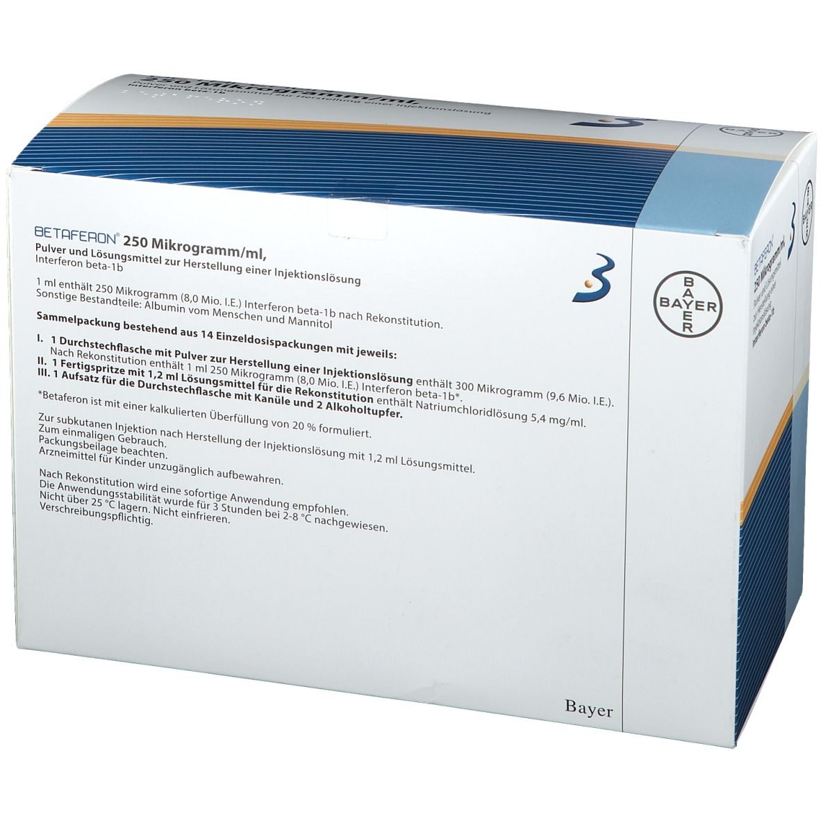 Karton mit Produktinformationen. Aufschrift: BETAFERON 250 Mikrogramm/ml. Bayer-Logo. Blaue und orangefarbene Streifen.