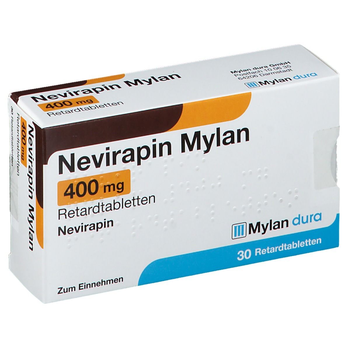 Schachtel mit NEVIRAPIN Mylan 400 mg Retardtabletten. Aufschrift: 400 mg, 30 Retardtabletten. Mylan dura Logo.