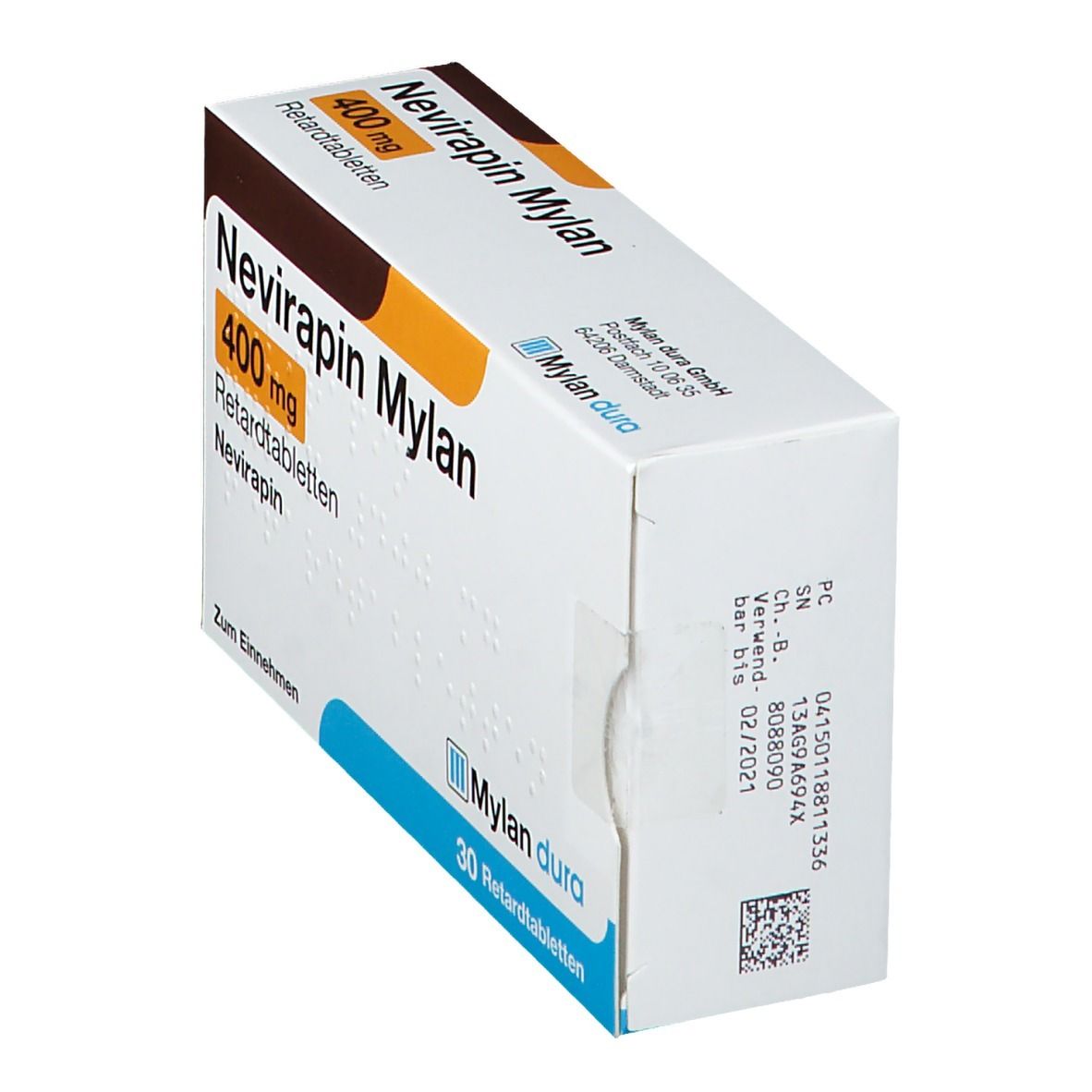 Schachtel NEVIRAPIN Mylan 400 mg Retardtabletten. Seitenansicht. Aufschrift: 400 mg, Mylan dura Logo. Verfallsdatum.