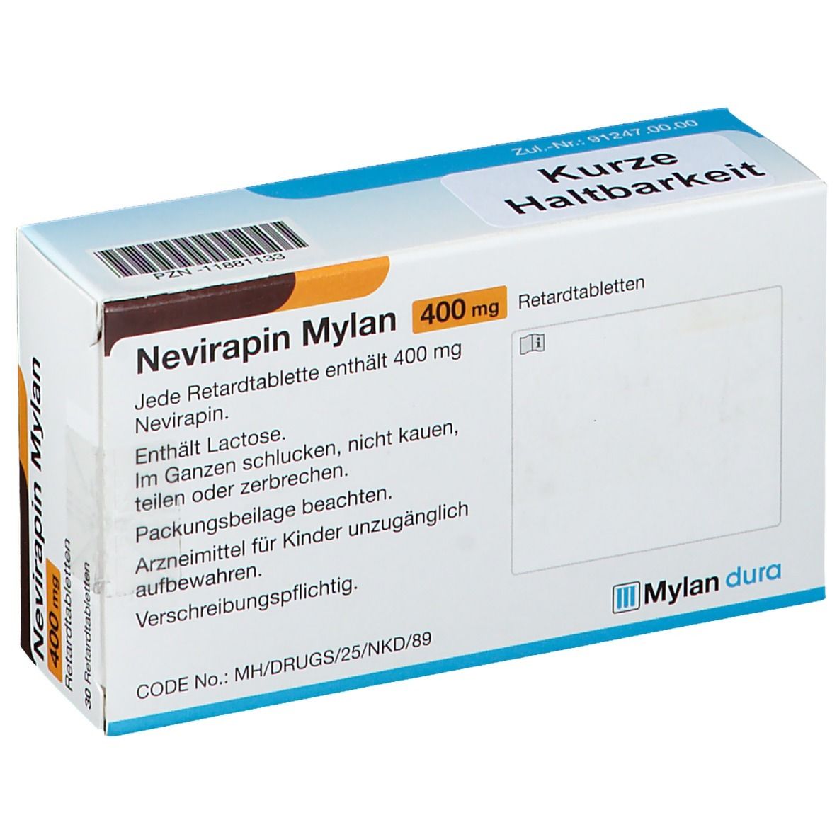 Schachtel NEVIRAPIN Mylan 400 mg Retardtabletten. Rückseite mit Text. Mylan dura Logo. Kurze Haltbarkeit.