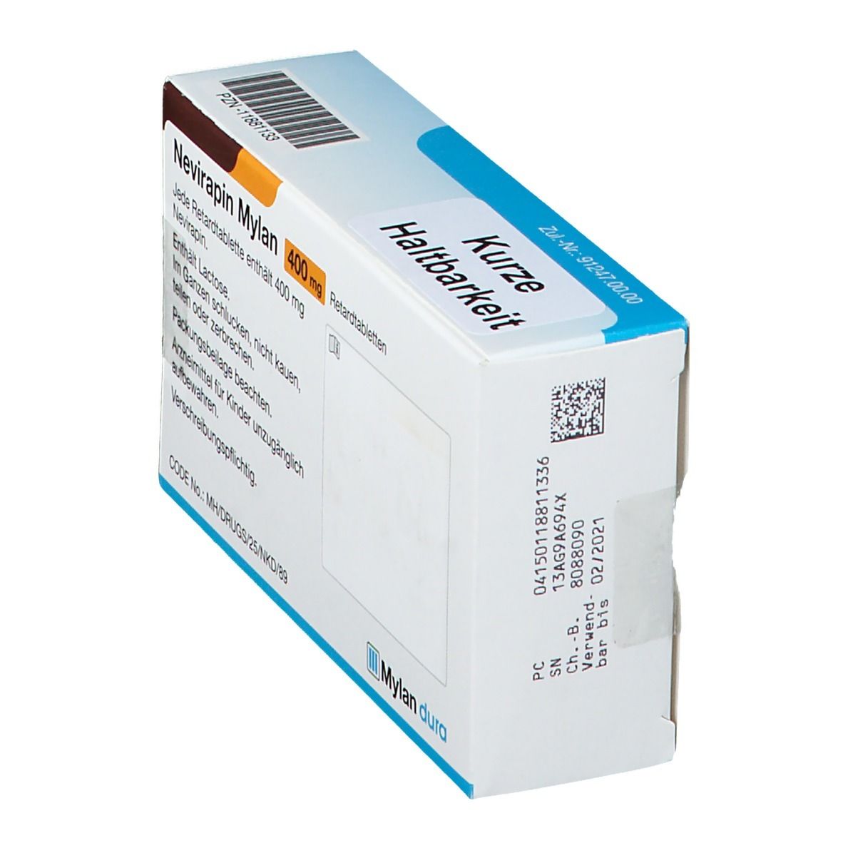 Schachtel NEVIRAPIN Mylan 400 mg Retardtabletten. Seitenansicht mit Text. Mylan dura Logo. Kurze Haltbarkeit.
