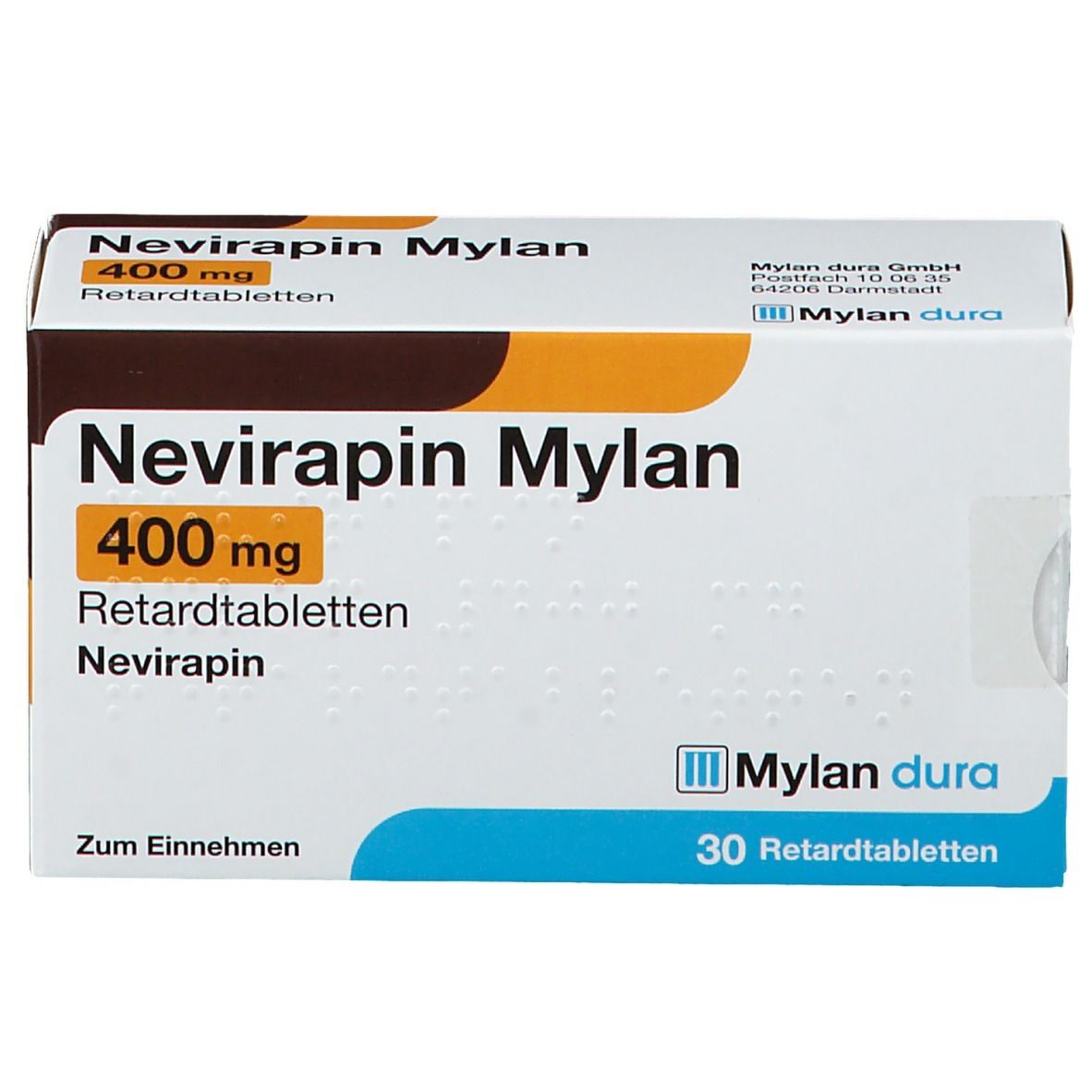 Schachtel NEVIRAPIN Mylan 400 mg Retardtabletten. Aufschrift: 400 mg, 30 Retardtabletten. Mylan dura Logo.