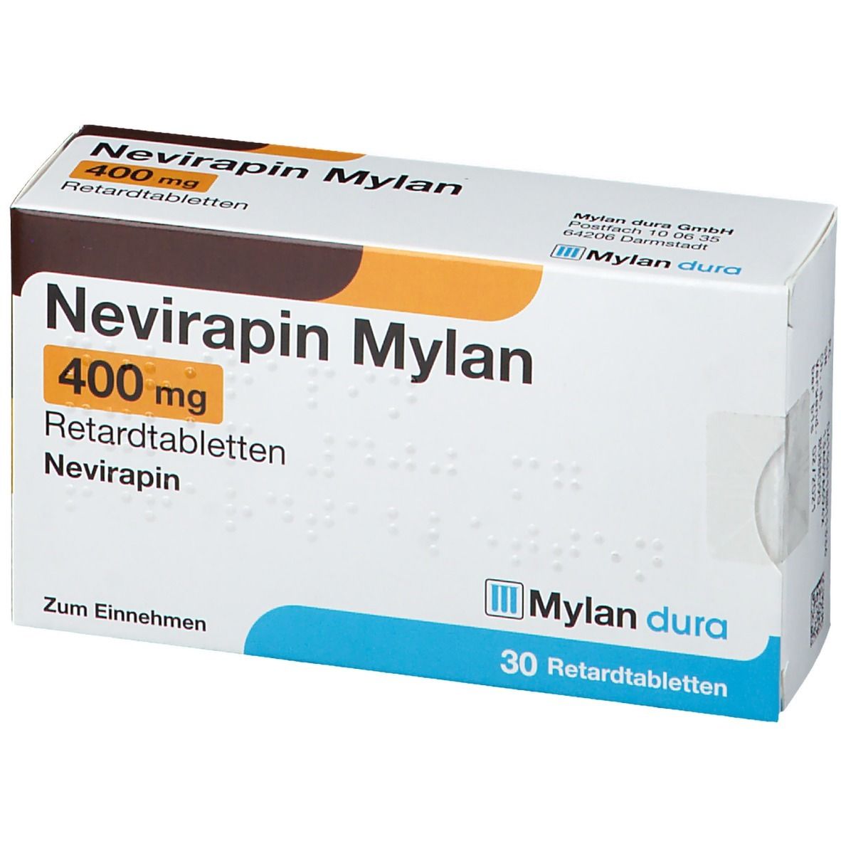 Schachtel NEVIRAPIN Mylan 400 mg Retardtabletten. Aufschrift: 400 mg, 30 Retardtabletten. Mylan dura Logo.