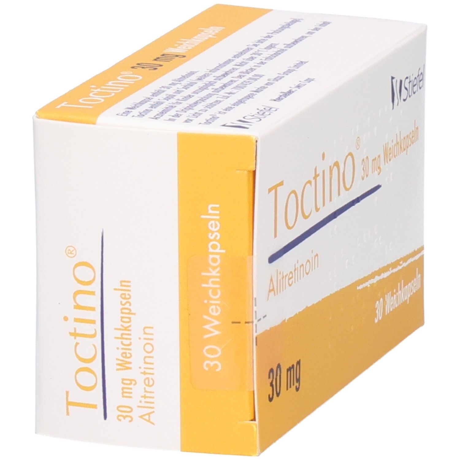 Packung Toctino 30 mg Alitretinoin Weichkapseln, 30 Stück. Stiefel.