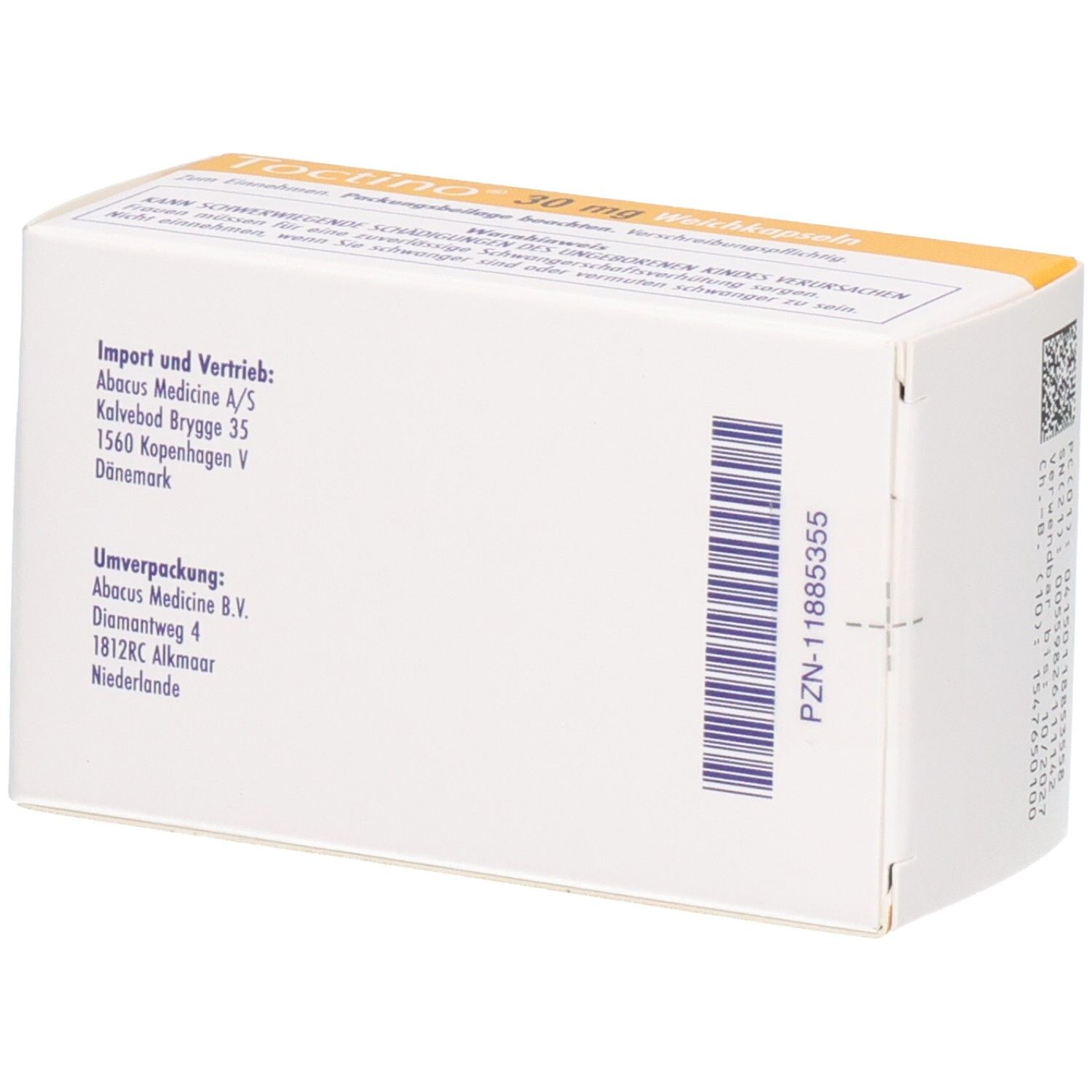 Rückseite der Packung Toctino 30 mg Alitretinoin Weichkapseln. Import und Vertrieb: Abacus Medicine.