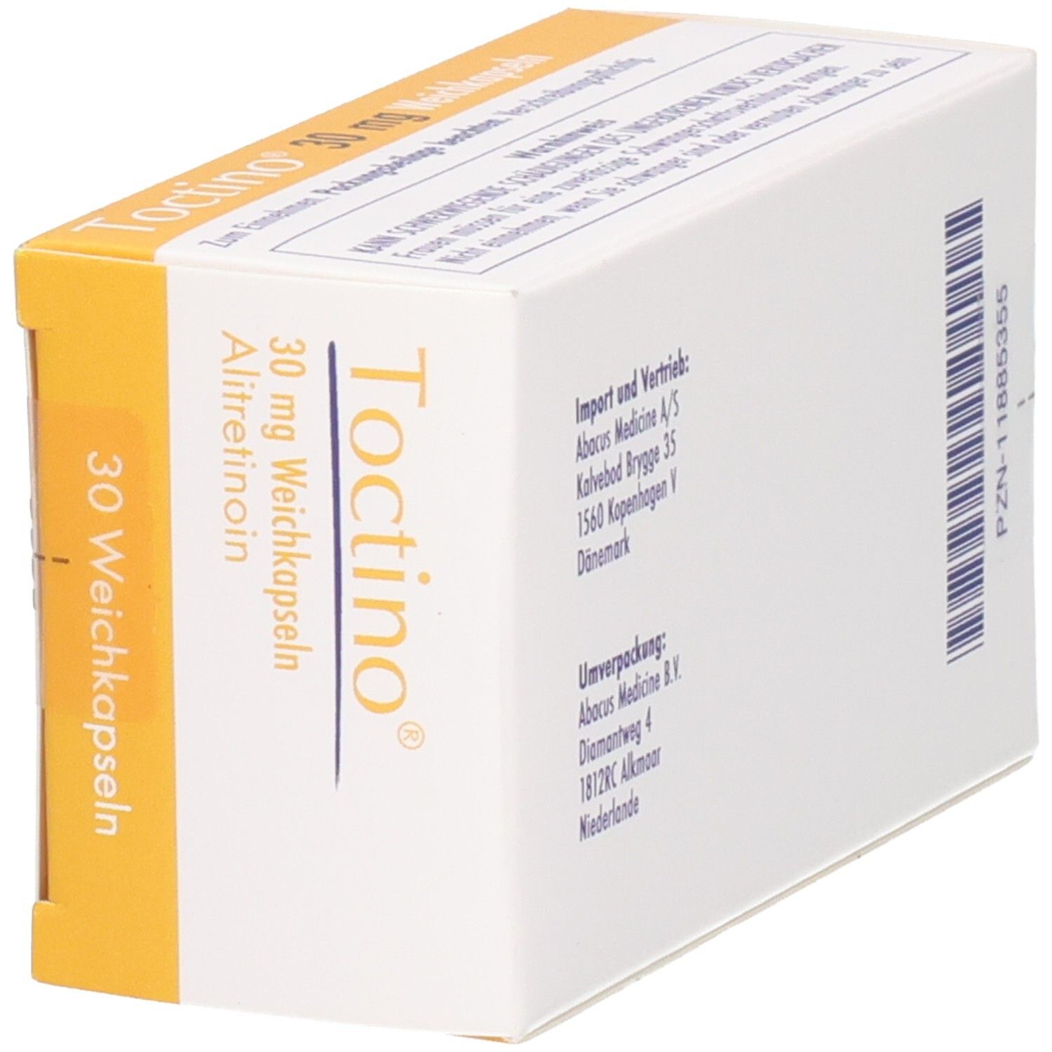 Packung Toctino 30 mg Alitretinoin Weichkapseln, 30 Stück. Stiefel.