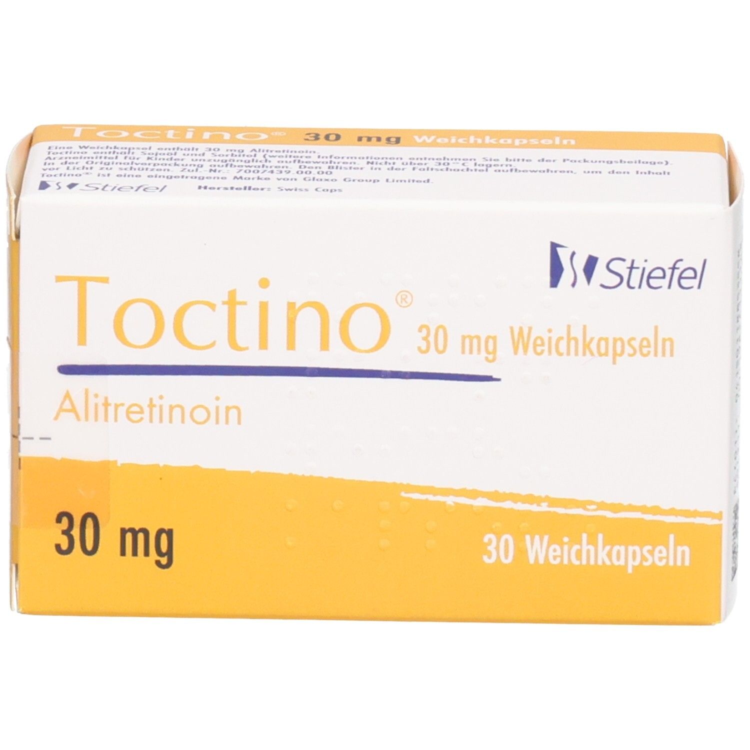 Packung Toctino 30 mg Alitretinoin Weichkapseln, 30 Stück. Stiefel.