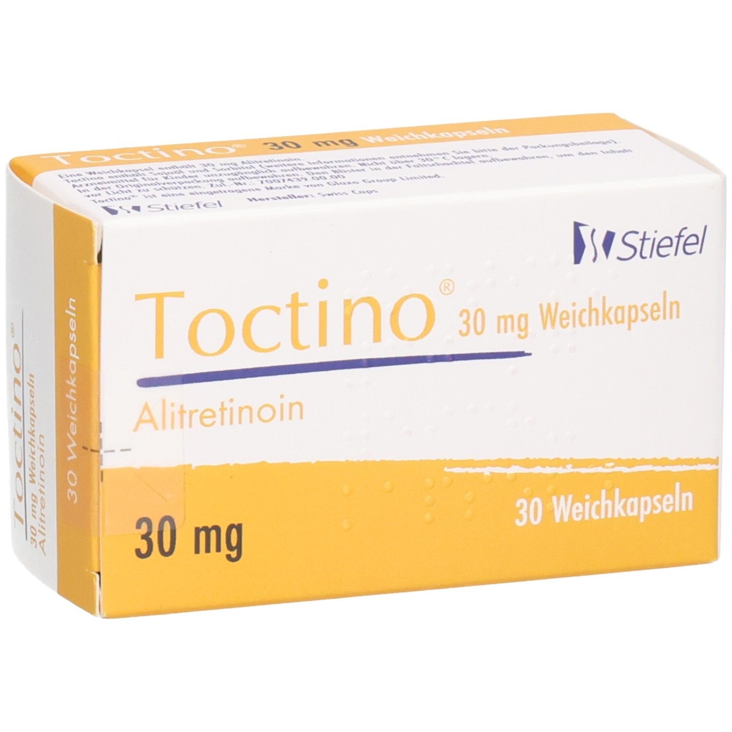 Packung Toctino 30 mg Alitretinoin Weichkapseln, 30 Stück. Stiefel.