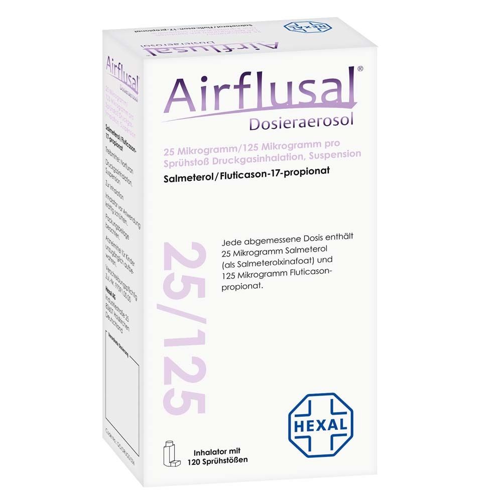 Weißer Karton mit Produktnamen Airflusal, Dosieraerosol. Enthält 25/125 Mikrogramm. Marke HEXAL.