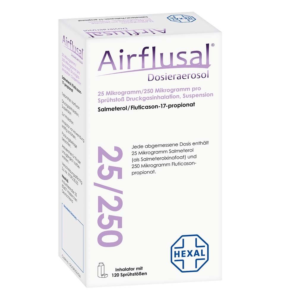 Airflusal Dosieraerosol-Verpackung. Aufschrift: 25/250, Inhalator mit 120 Sprühstößen. Marke: Hexal.
