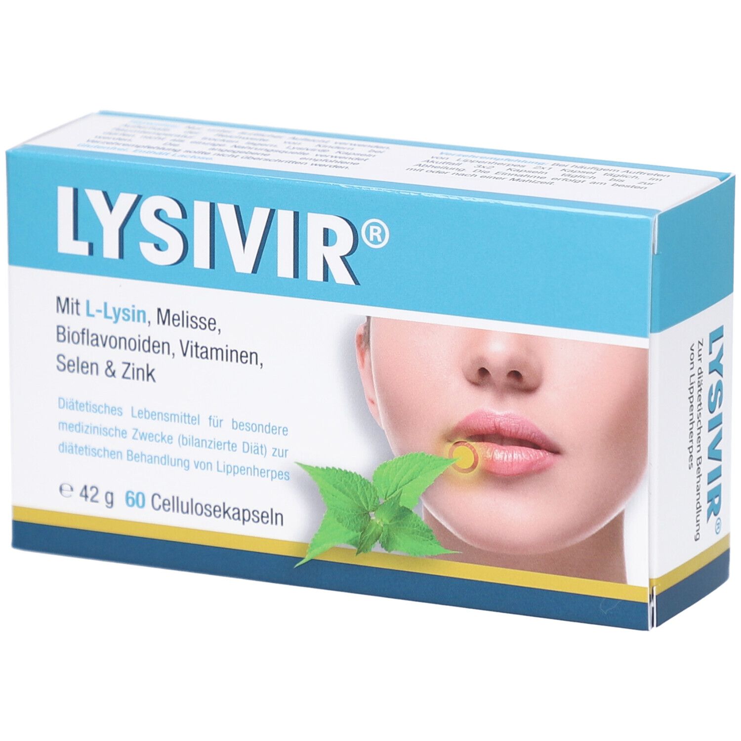 Blau-weiße Schachtel mit LYSIVIR-Logo. Enthält Kapseln. Aufdruck: L-Lysin, Melisse, Vitamine, Selen & Zink. Abbildung einer Lippe mit Herpes.