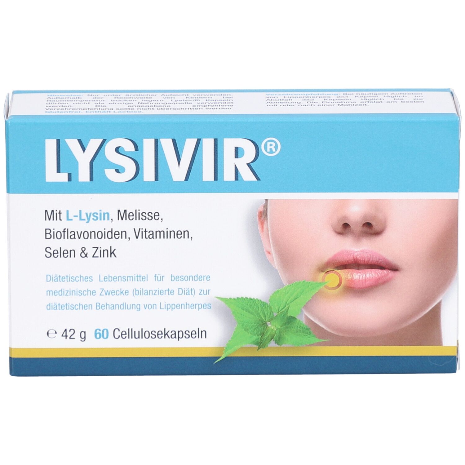 Blau-weiße Schachtel mit LYSIVIR-Logo. Enthält Kapseln. Aufdruck: L-Lysin, Melisse, Vitamine, Selen & Zink. Abbildung einer Lippe mit Herpes.