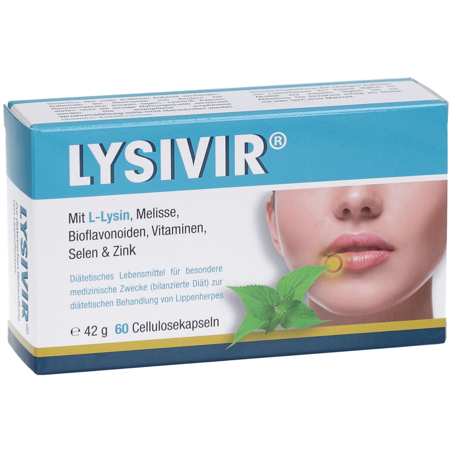 Blau-weiße Schachtel mit LYSIVIR-Logo. Enthält Kapseln. Aufdruck: L-Lysin, Melisse, Vitamine, Selen & Zink. Abbildung einer Lippe mit Herpes.