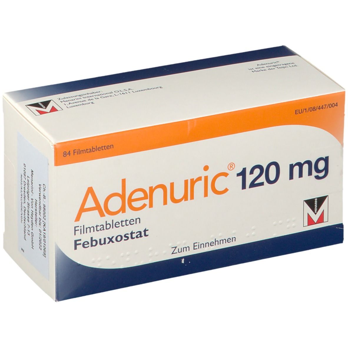 Schachtel mit ADENURIC 120 mg Filmtabletten. Orangefarbener Streifen, Text: Adenuric 120 mg, Febuxostat, 84 Filmtabletten.