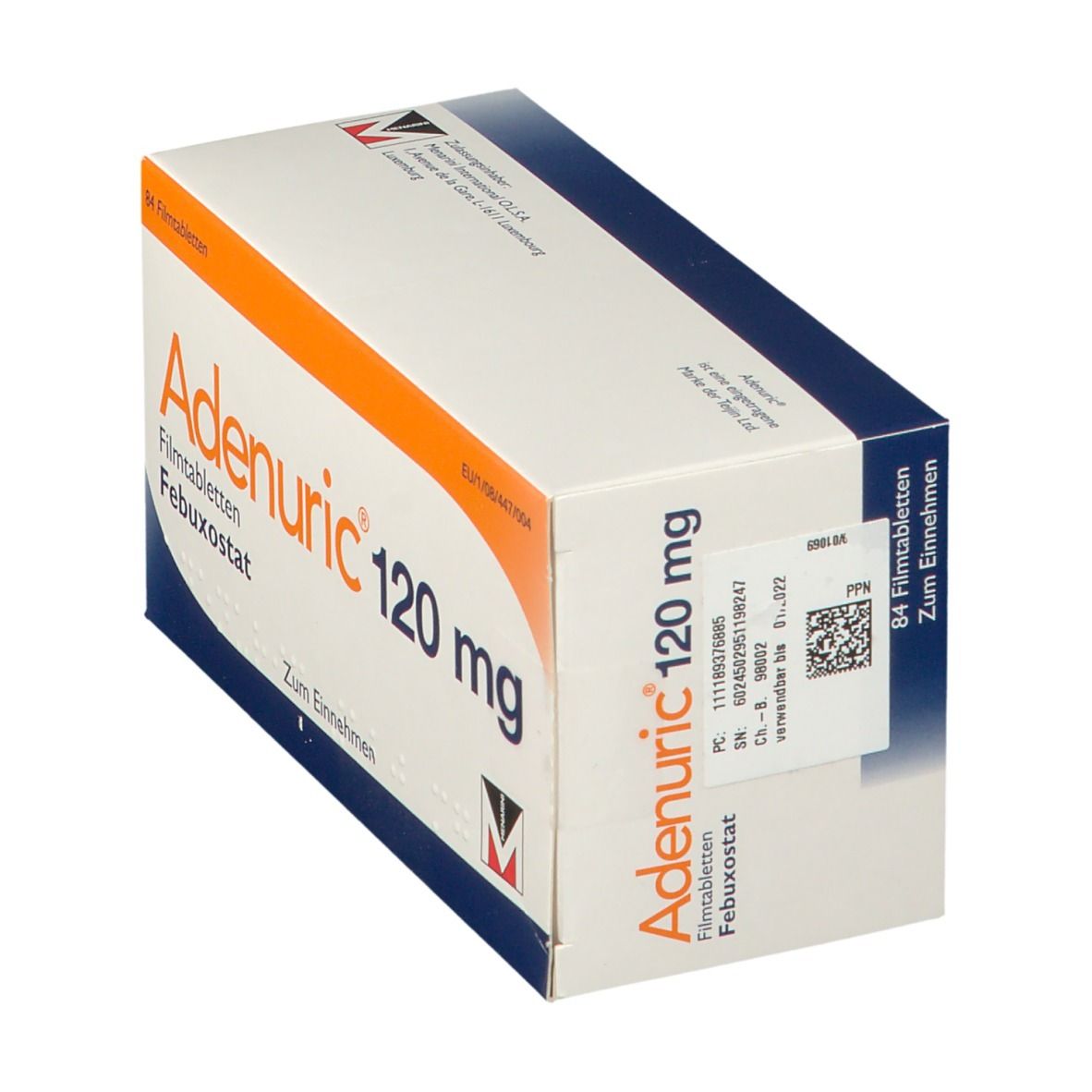 Schachtel mit ADENURIC 120 mg Filmtabletten. Text: Adenuric 120 mg, Febuxostat, 84 Filmtabletten. Aufkleber mit Barcode und Daten.