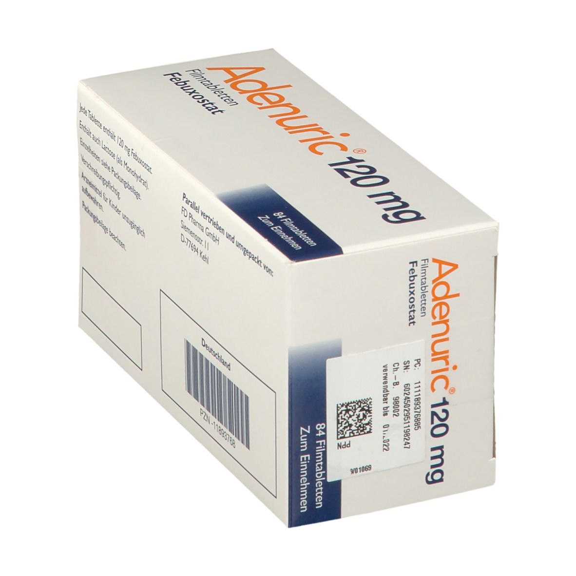 Schachtel mit ADENURIC 120 mg Filmtabletten. Text: Adenuric 120 mg, Febuxostat, 84 Filmtabletten. Barcode und Herstellerinformationen.