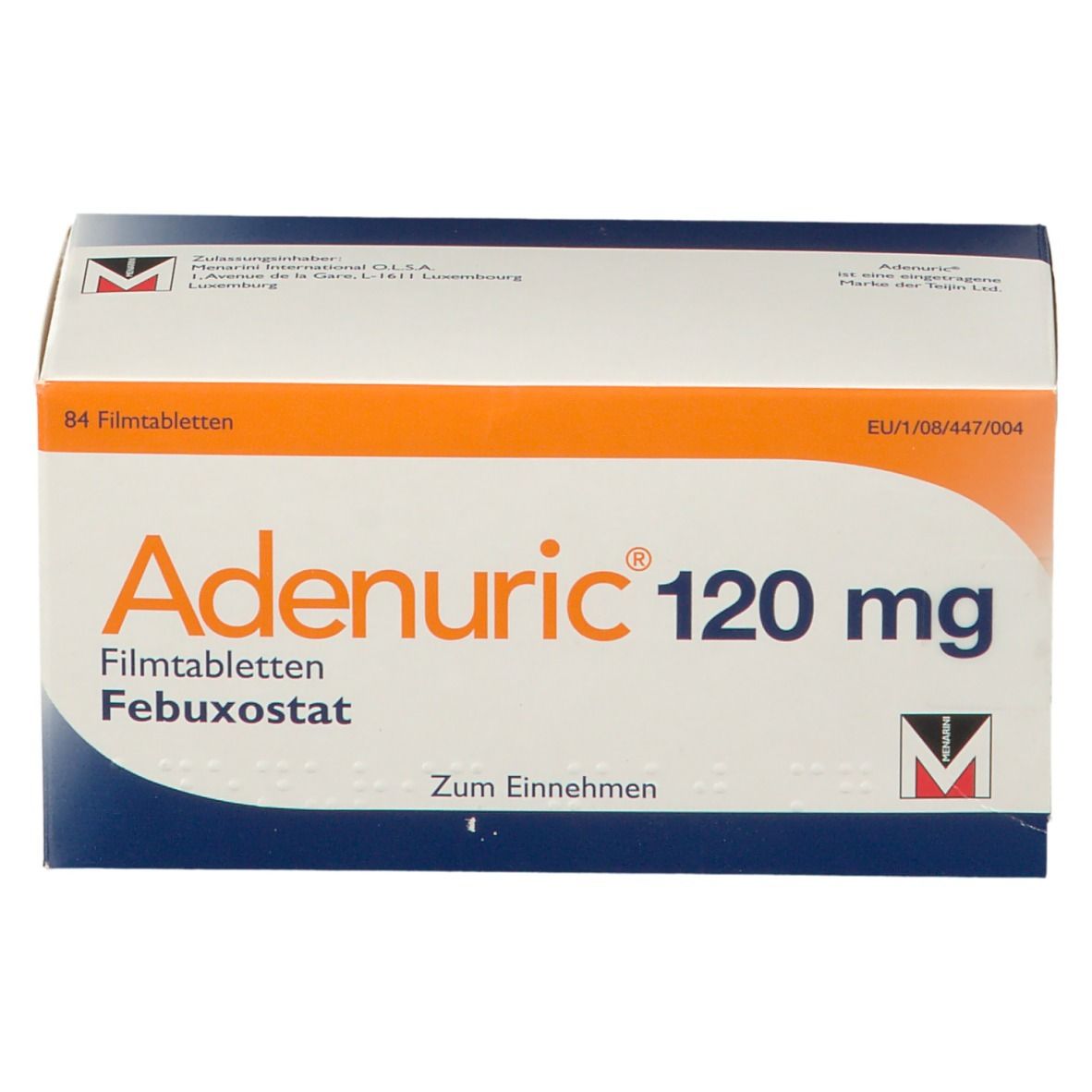 Schachtel mit ADENURIC 120 mg Filmtabletten. Orangefarbener Streifen, Text: Adenuric 120 mg, Febuxostat, 84 Filmtabletten.