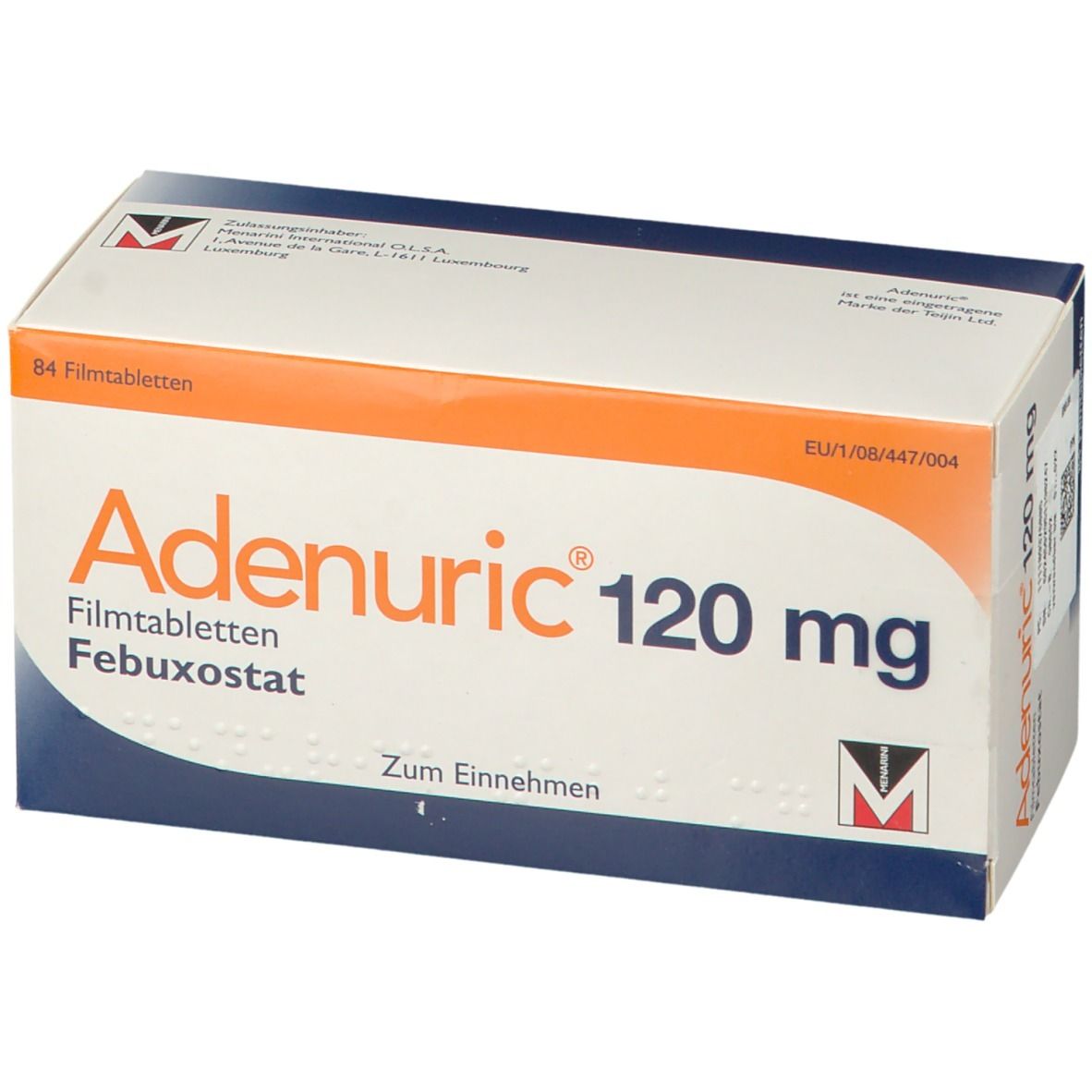 Schachtel mit ADENURIC 120 mg Filmtabletten. Orangefarbener Streifen, Text: Adenuric 120 mg, Febuxostat, 84 Filmtabletten.