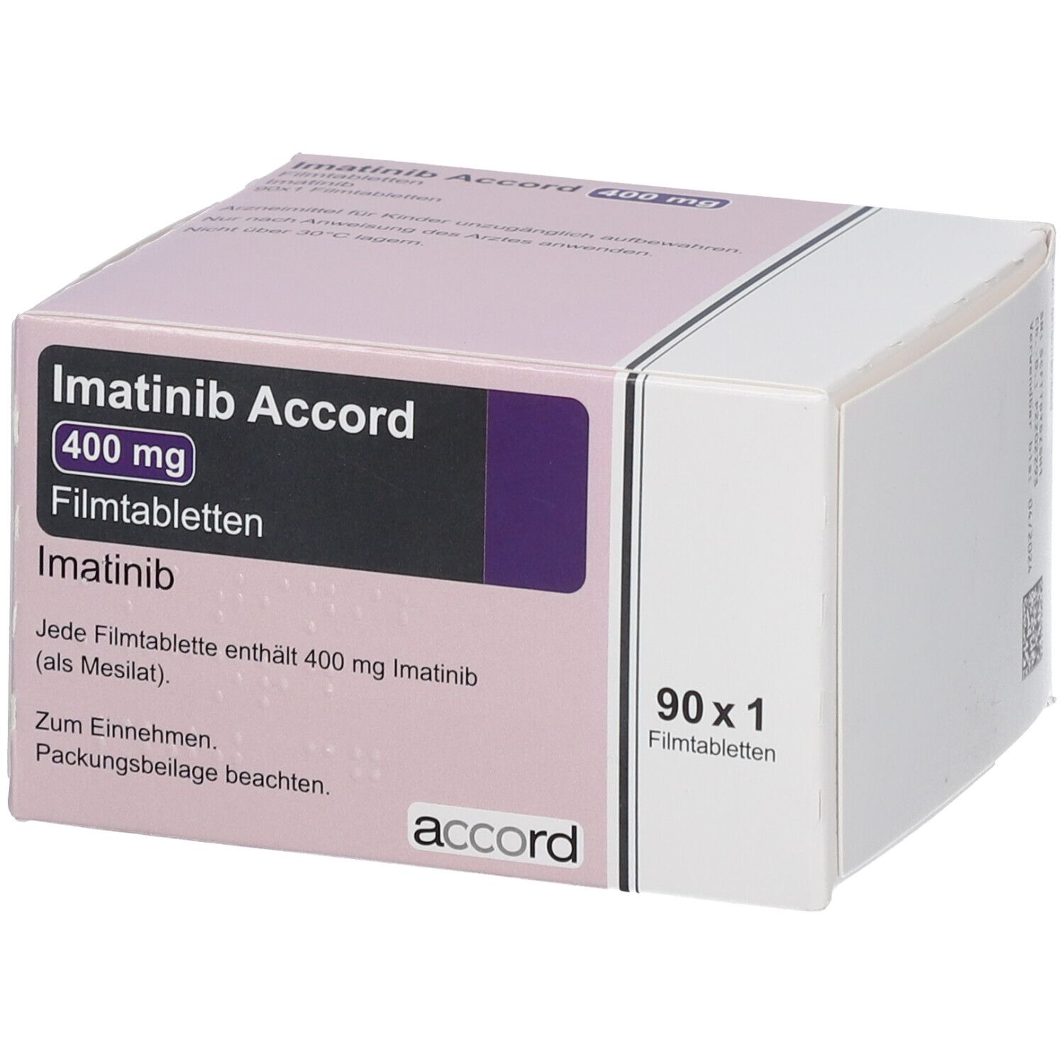 Schachtel Imatinib Accord 400 mg Filmtabletten. 90 Tabletten. Marke Accord.