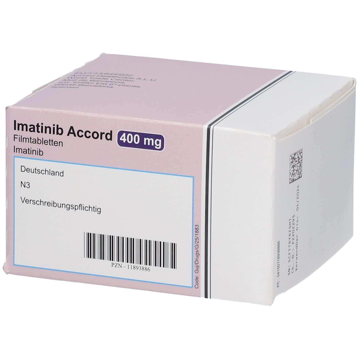 Schachtel Imatinib Accord 400 mg Filmtabletten. Details zur Herstellung und PZN.